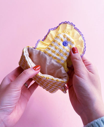 Yellow Gingham Ruffles Card Holder | Handmade Cute Padded Snap Wallet