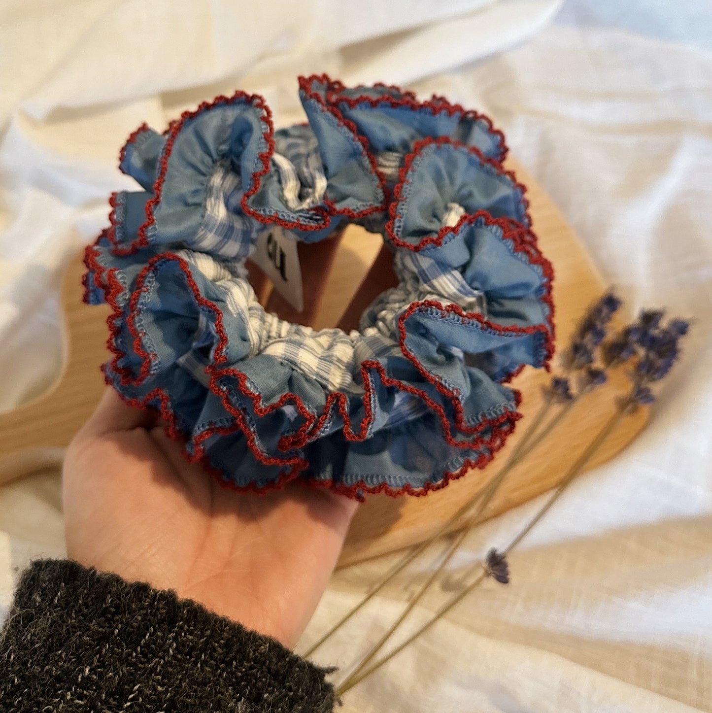 Vintage Blue Gingham Frilly Scrunchies