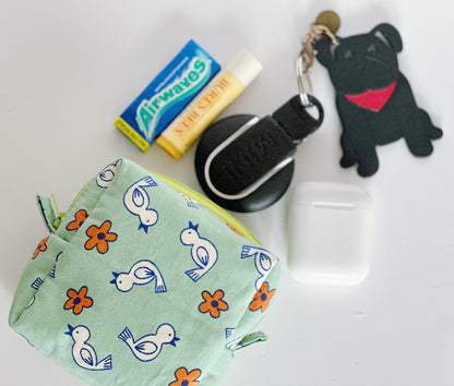 Cute Bird & Flower Print Square Zipper Pouch | Handmade Cube Bag