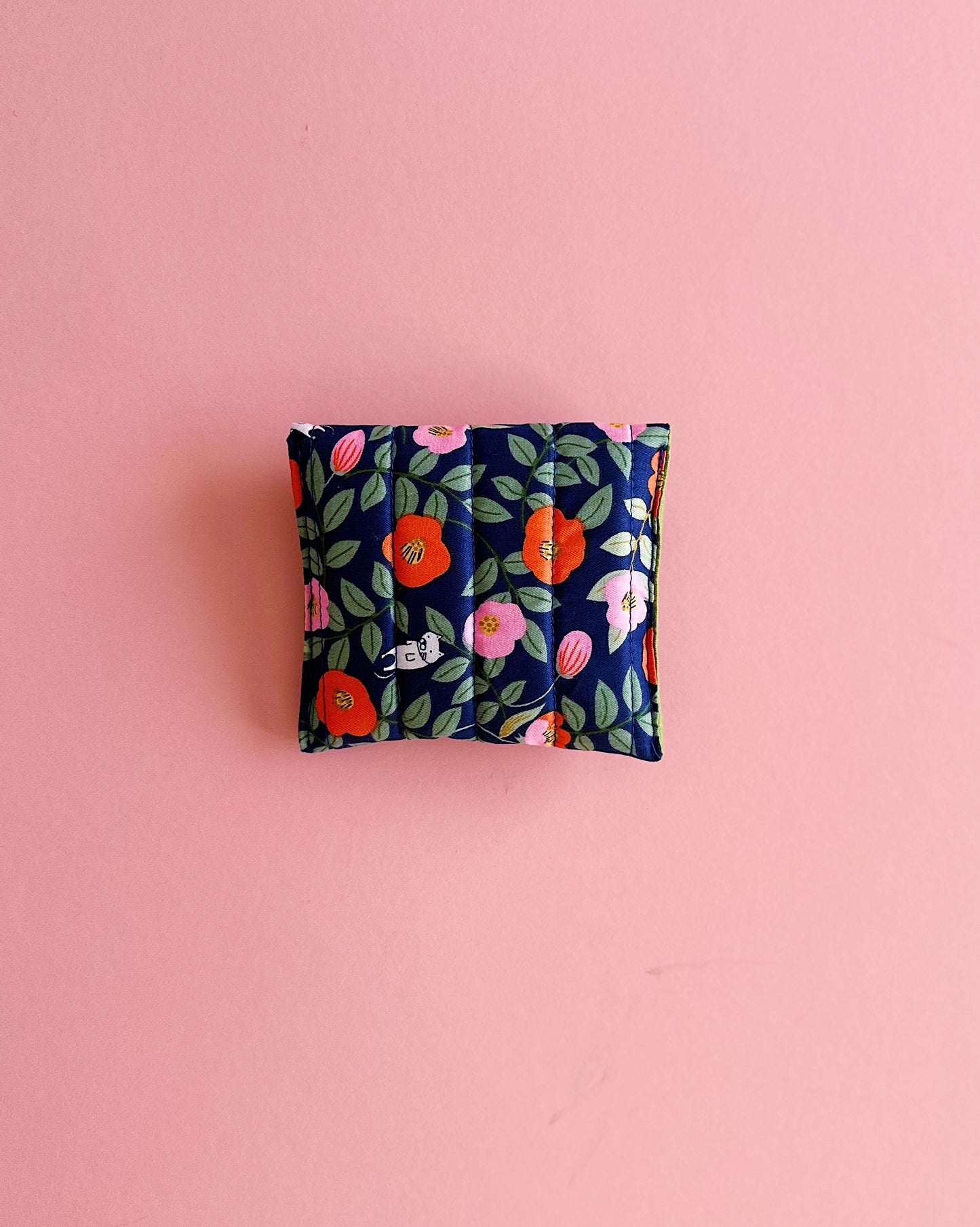 Navy Floral Cat Print Snap Pouch | Soft Quilted Mini Wallet