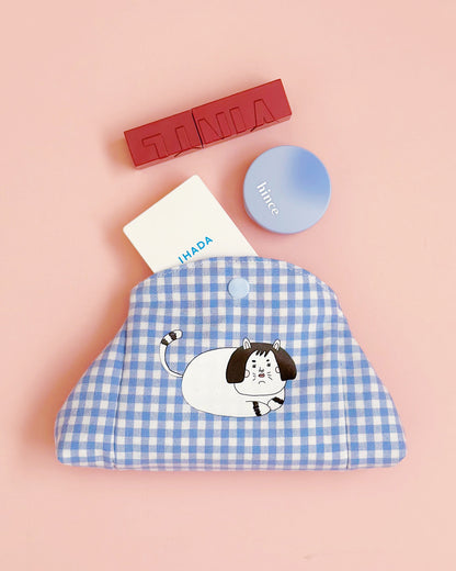 Gingham Cat Snap Pouch | Cute Cotton Coin & Card Purse