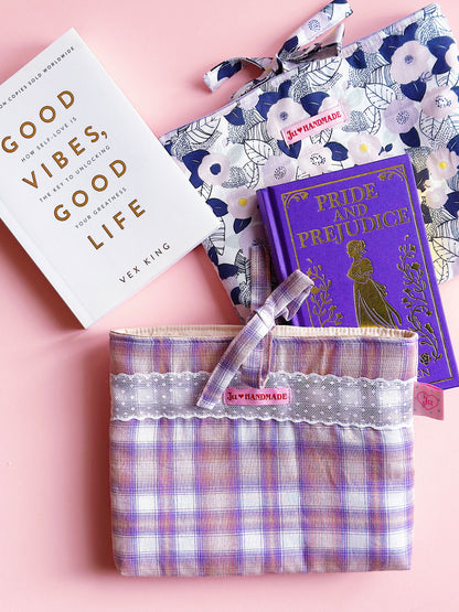 Lavender Plaid Quilted Book Sleeve with Lace & Bow