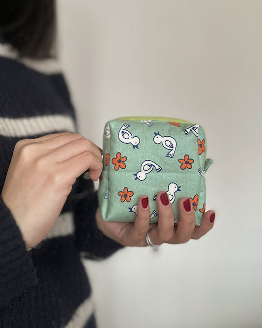 Cute Bird & Flower Print Square Zipper Pouch | Handmade Cube Bag