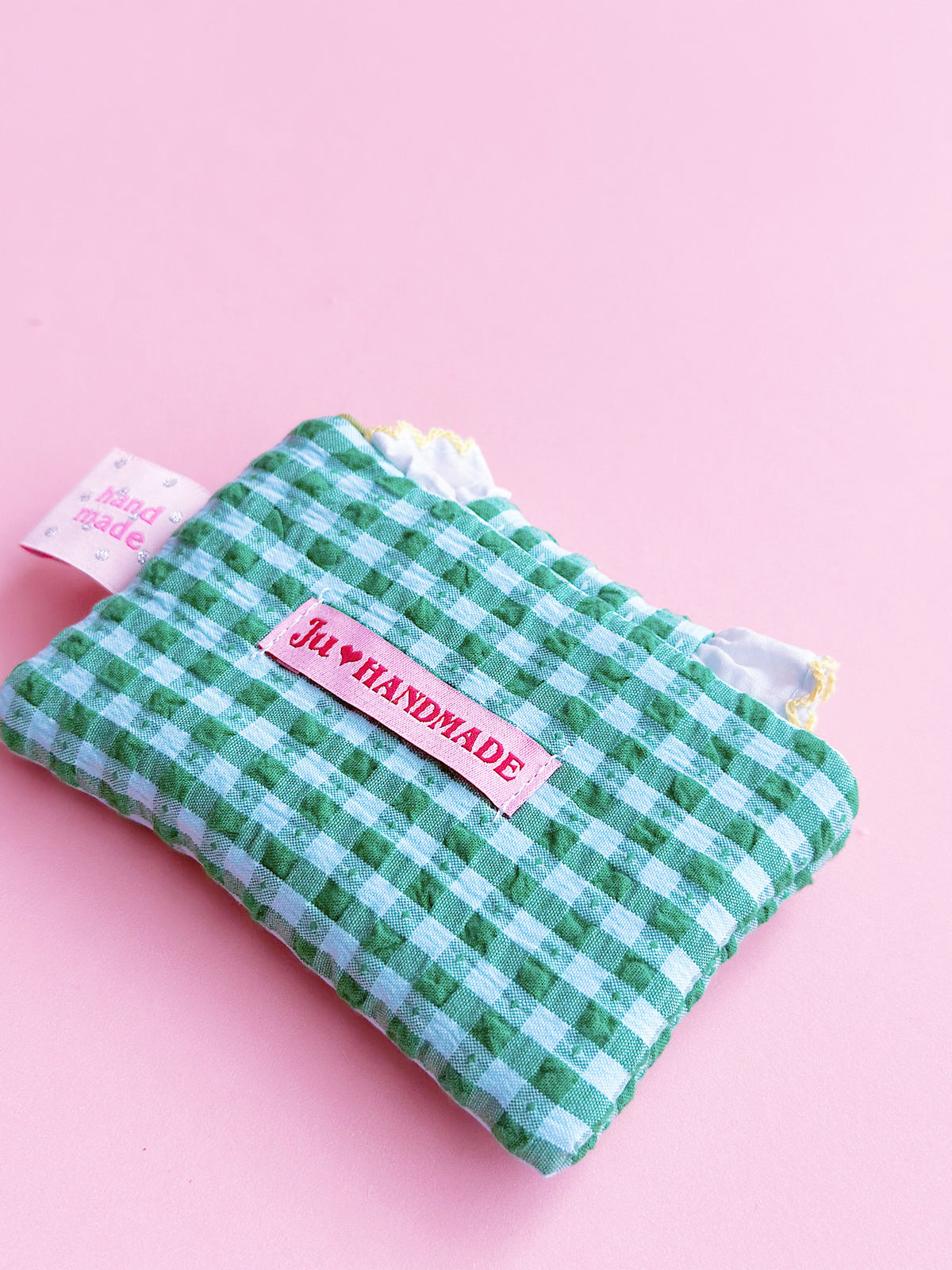 Green Gingham Ruffles Card Holder | Handmade Padded Snap Wallet