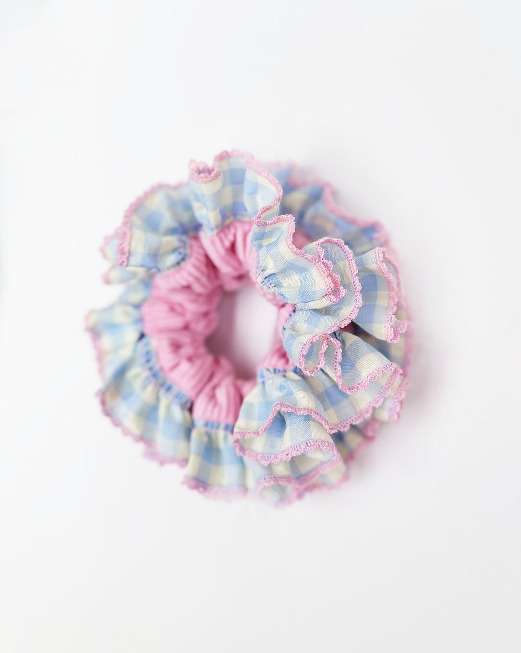 Pink Gingham Delight Scrunchie – Pastel Ruffle Velvet Hair Accessory