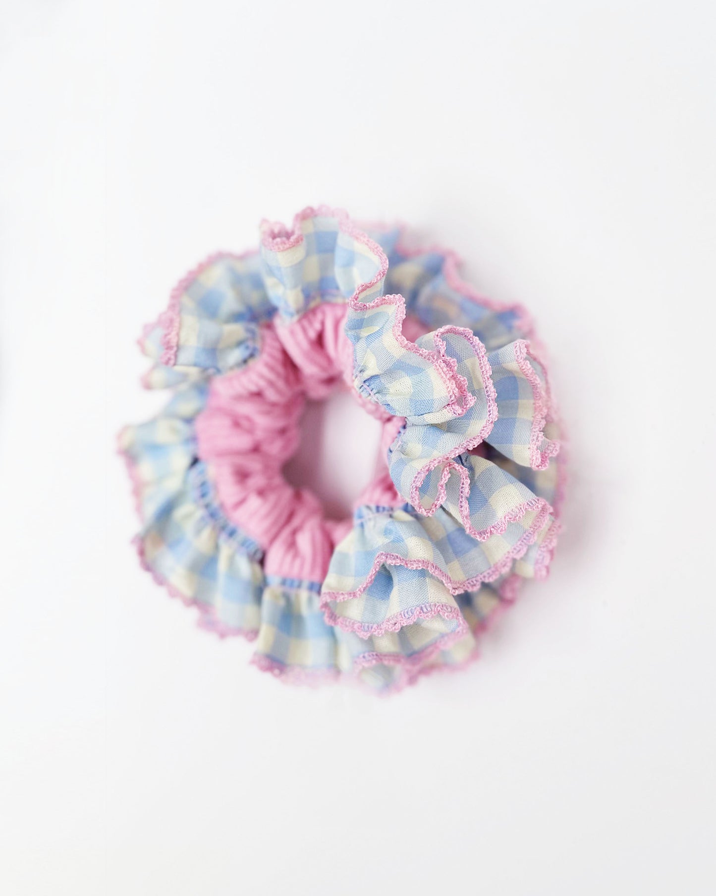 Pink Gingham Delight Scrunchie – Pastel Ruffle Velvet Hair Accessory