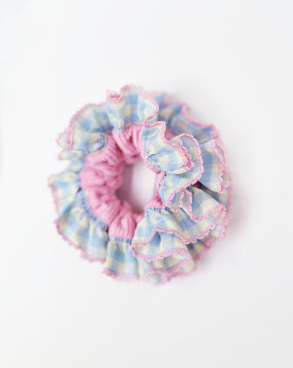 Pink Gingham Delight Scrunchie – Pastel Ruffle Velvet Hair Accessory