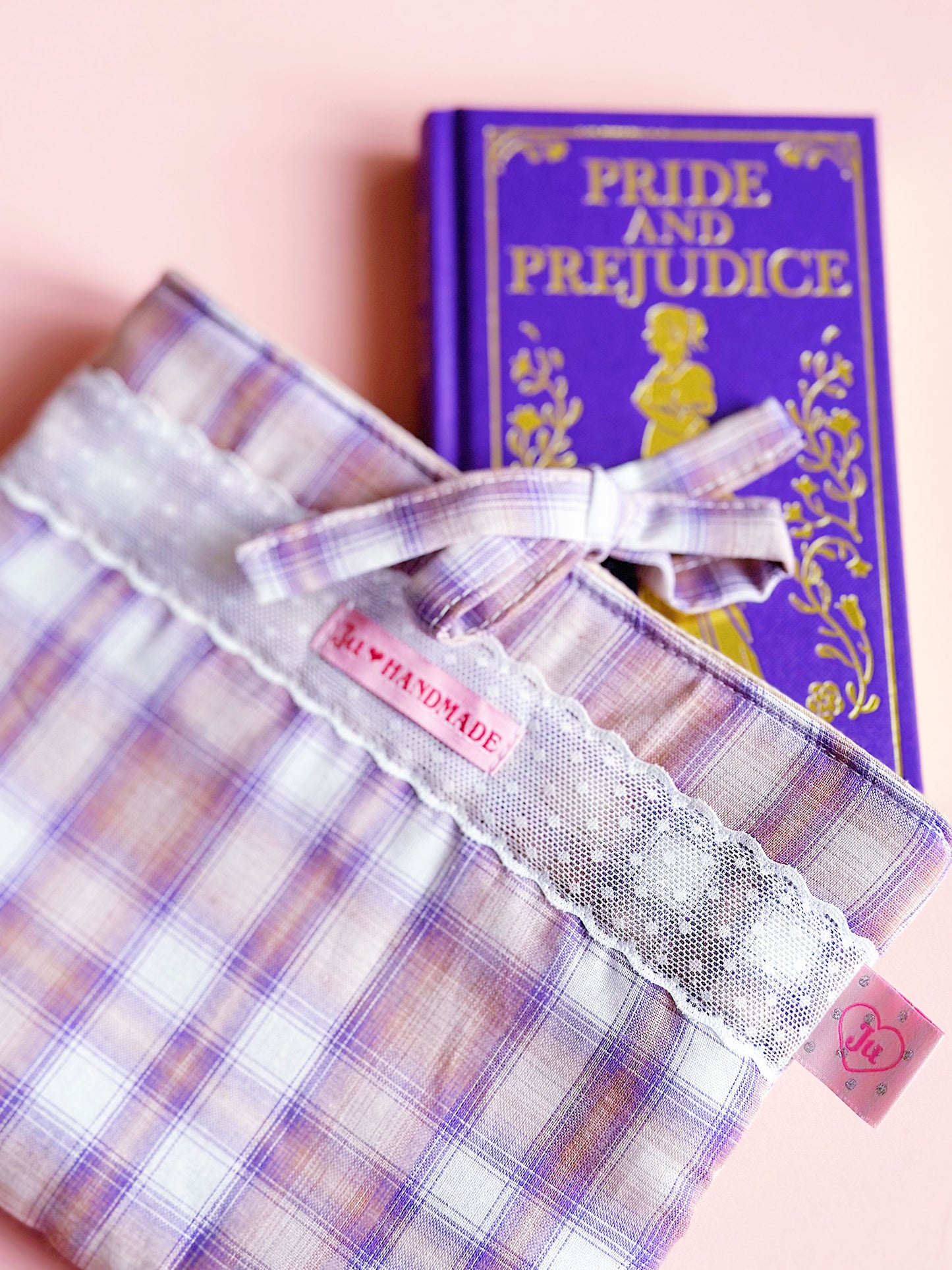 Lavender Plaid Quilted Book Sleeve with Lace & Bow
