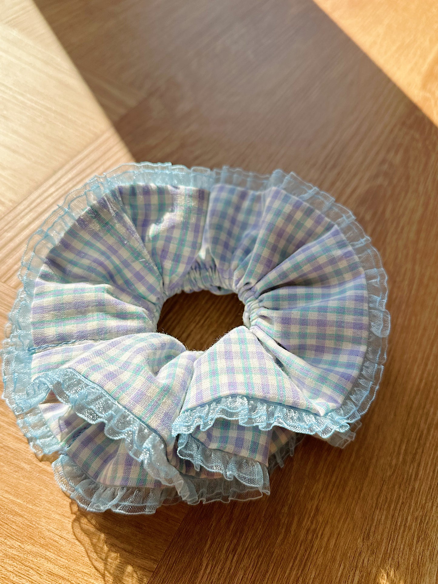 Jumbo Pastel Blue Gingham Scrunchies
