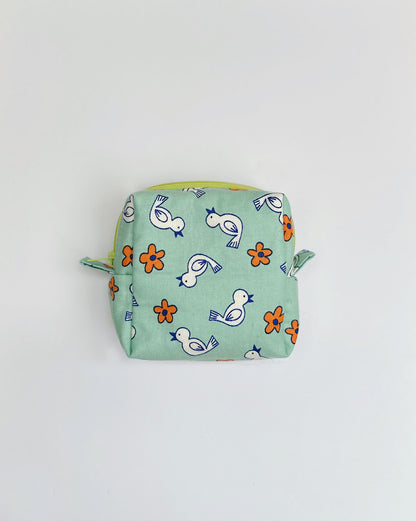 Cute Bird & Flower Print Square Zipper Pouch | Handmade Cube Bag