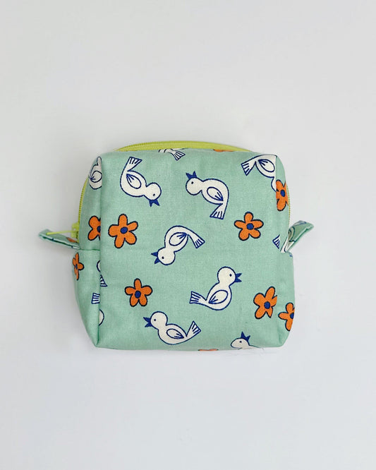 Cute Bird & Flower Print Square Zipper Pouch | Handmade Cube Bag