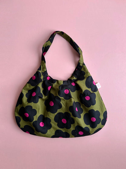 Olive Bloom Dumpling Shoulder Bag – Handmade Floral Cotton Tote