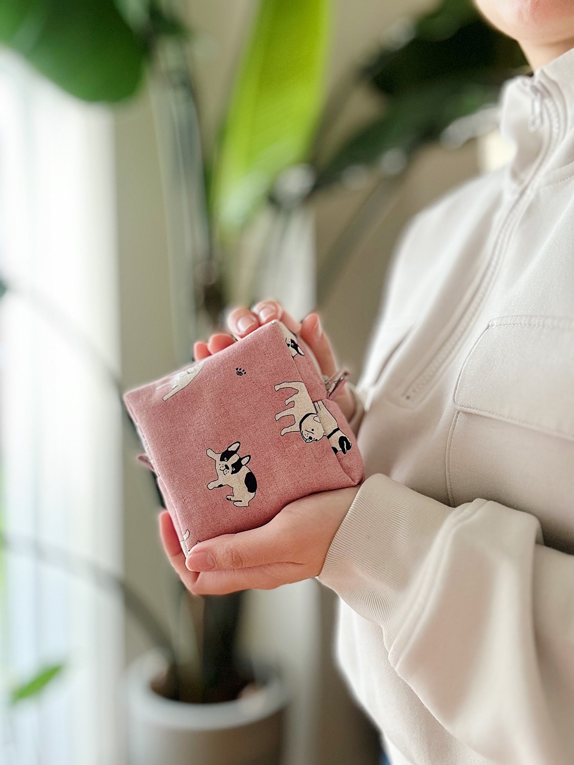 minimalist puppy print on a sweet pink background with size 10cm x 10cm square zipper pouch.