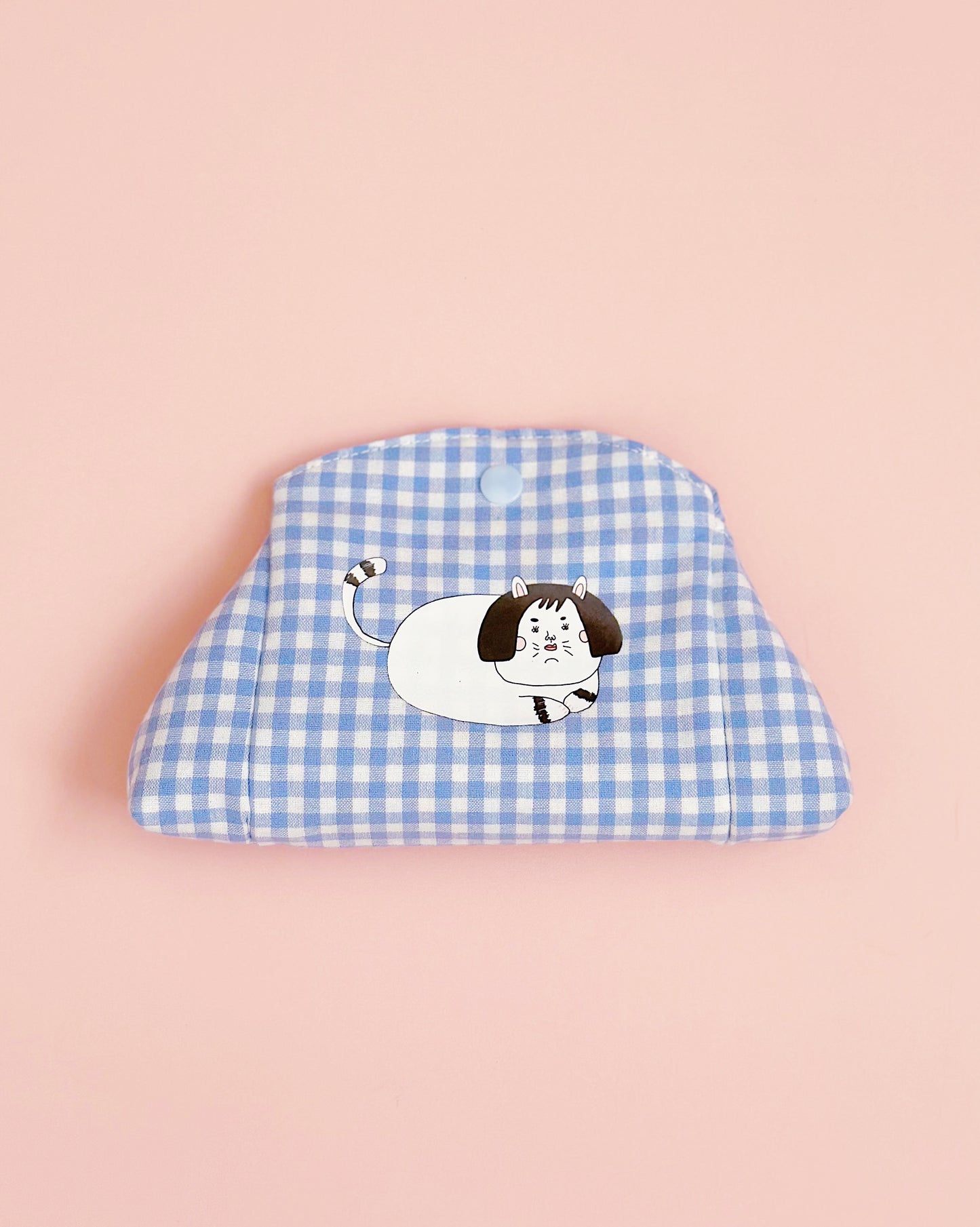 Gingham Cat Snap Pouch | Cute Cotton Coin & Card Purse