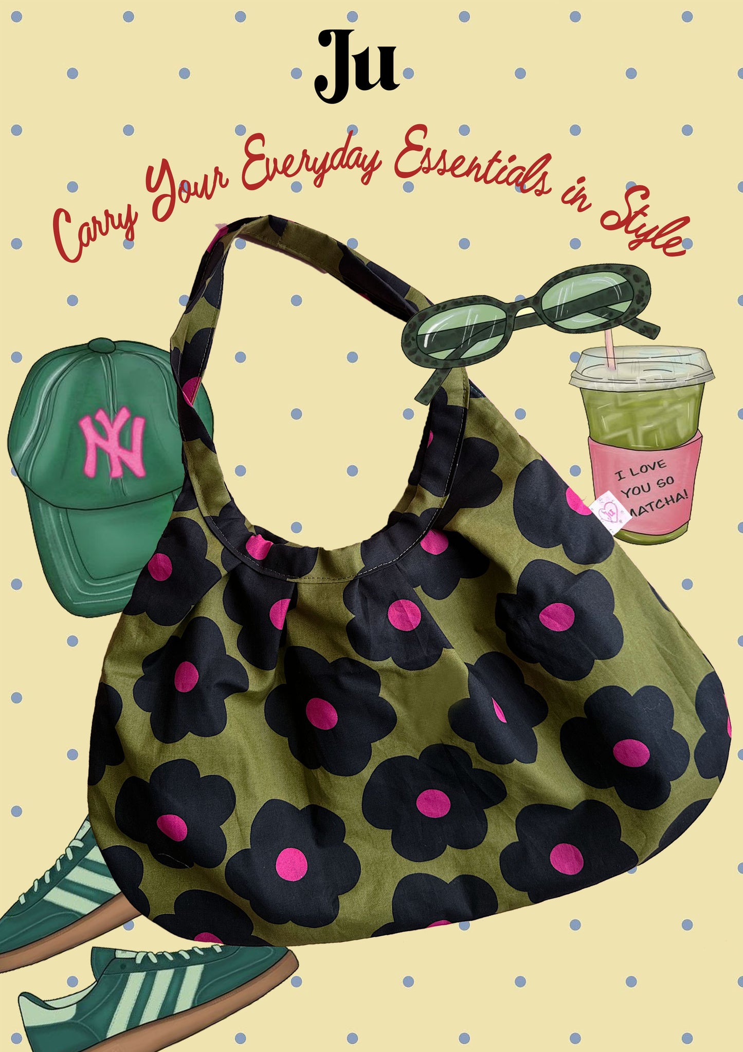 Olive Bloom Dumpling Shoulder Bag – Handmade Floral Cotton Tote