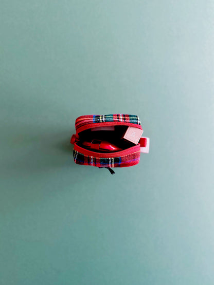 Red tartan large makeup bag with black embroidered lace ruffles and bow, padded Christmas cosmetic pouch.