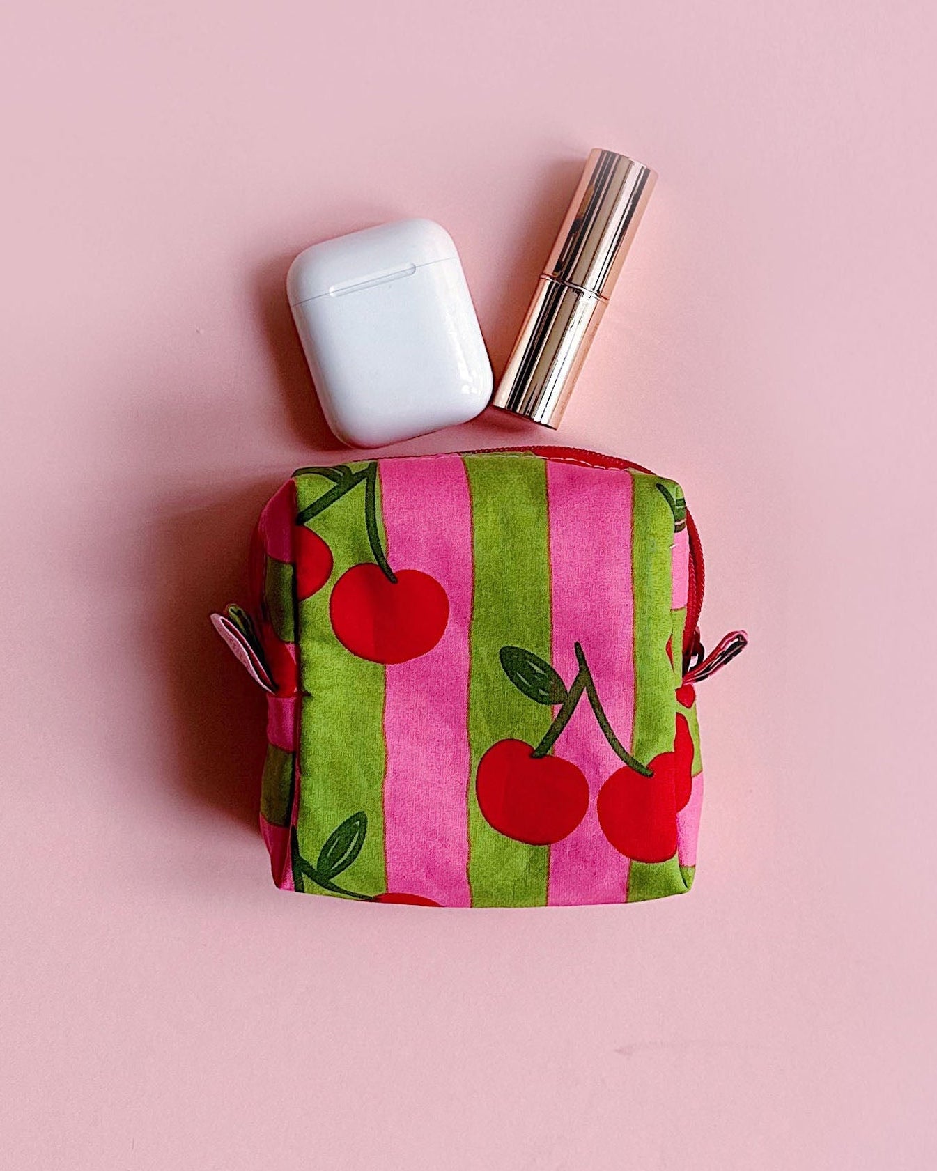 Cherry Print Make Up Pouch | Padded Cube Zipper Bag