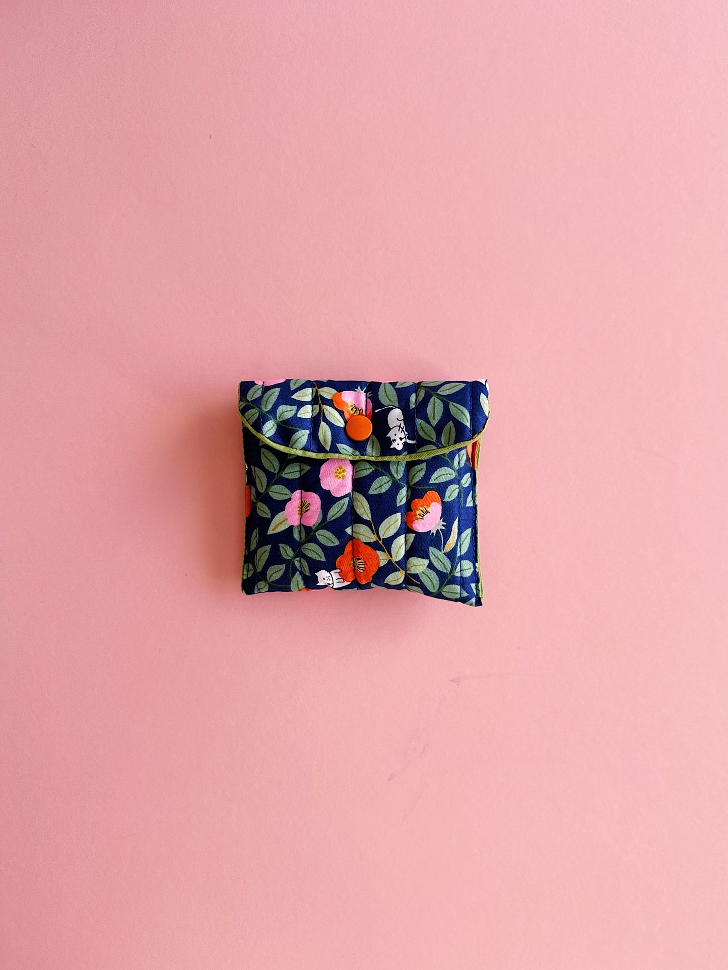 Navy Floral Cat Print Snap Pouch | Soft Quilted Mini Wallet