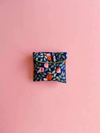 Navy Floral Cat Print Snap Pouch | Soft Quilted Mini Wallet