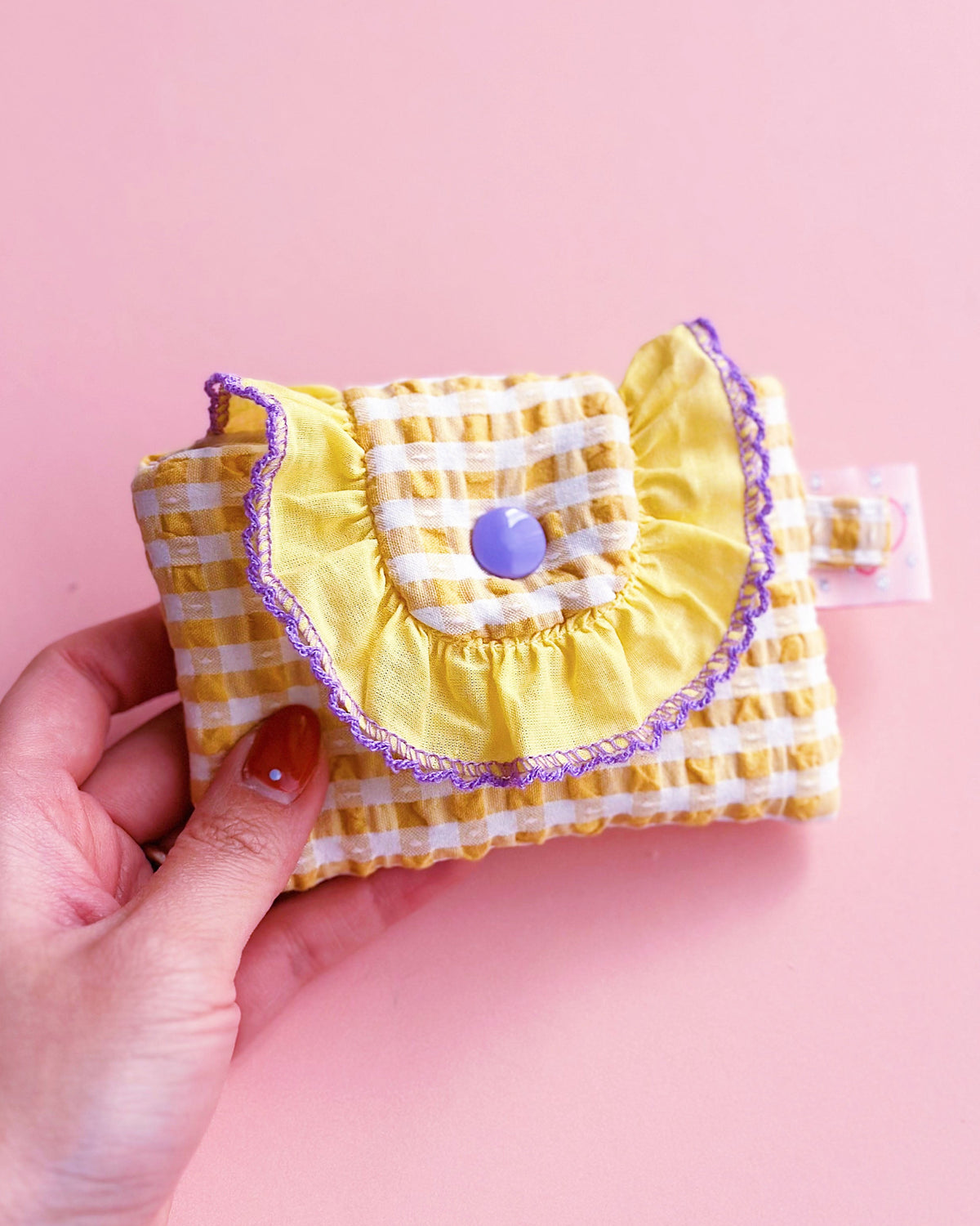Yellow Gingham Ruffles Card Holder | Handmade Cute Padded Snap Wallet