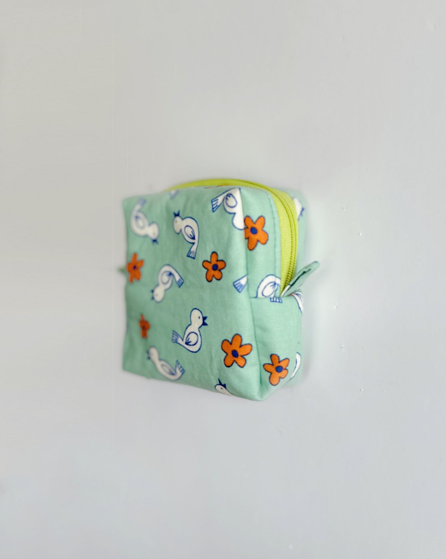 Cute Bird & Flower Print Square Zipper Pouch | Handmade Cube Bag