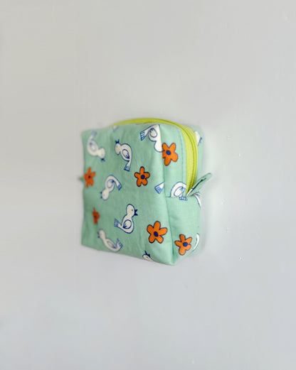 Cute Bird & Flower Print Square Zipper Pouch | Handmade Cube Bag