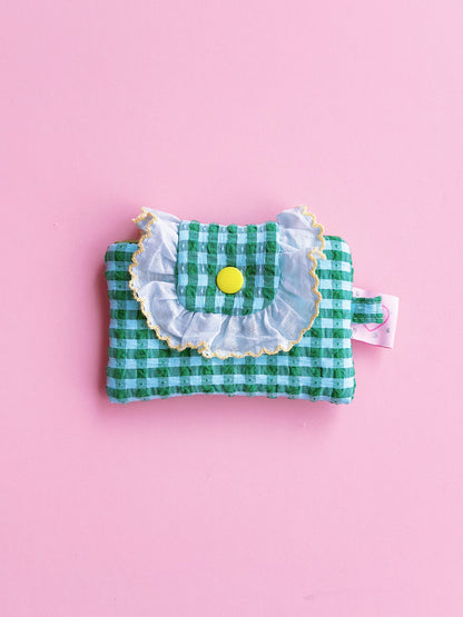 Green Gingham Ruffles Card Holder | Handmade Padded Snap Wallet