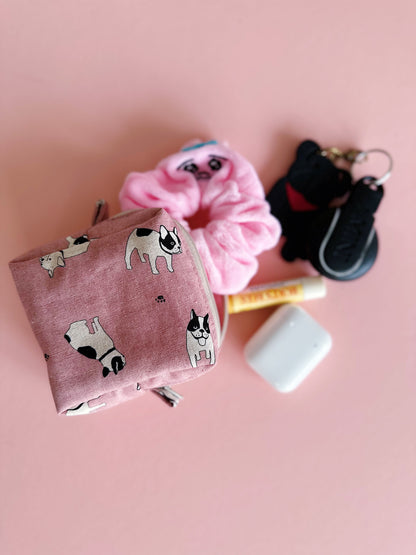 minimalist puppy print on a sweet pink background with size 10cm x 10cm square zipper pouch.