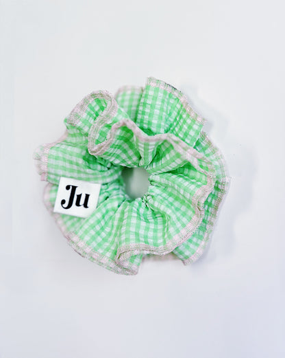 Mint Green Gingham Scrunchie – Ruffle Hair Tie, Cute Aesthetic Hair Accessory