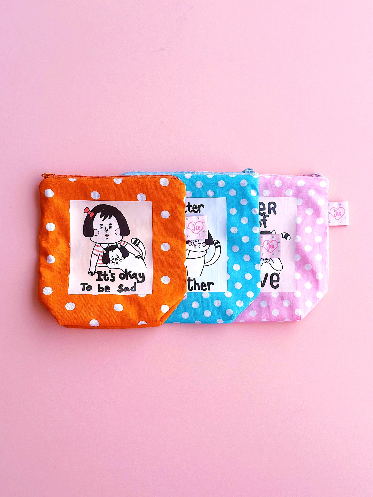Cute Illustrated Pouch | Zip Polka Dot Cosmetic Bag