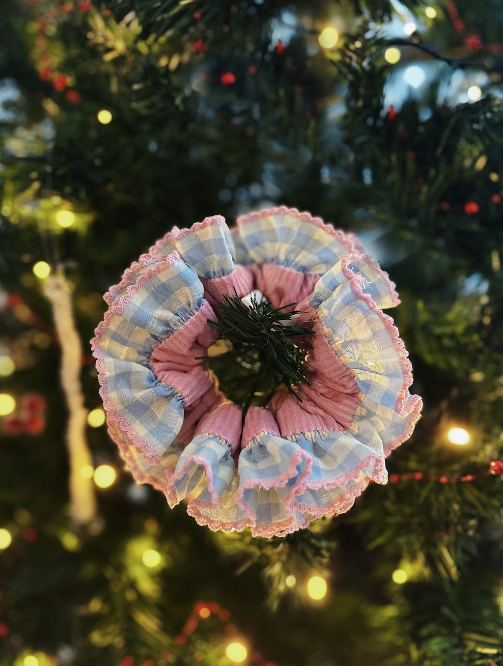 Pink Gingham Delight Scrunchie – Pastel Ruffle Velvet Hair Accessory