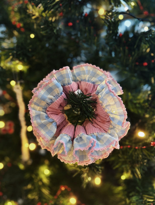 Pink Gingham Delight Scrunchie – Pastel Ruffle Velvet Hair Accessory
