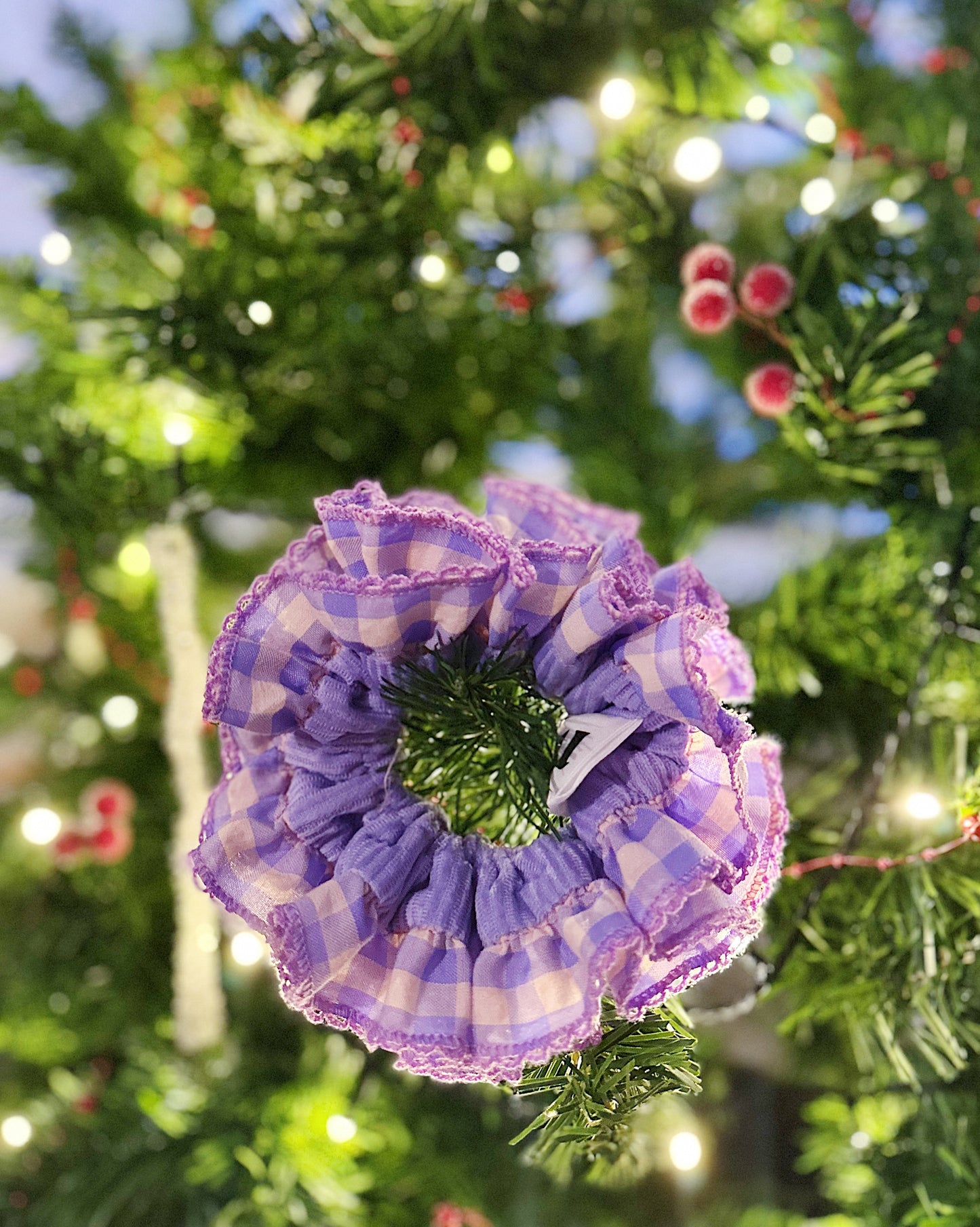 Lavender Frost Gingham Scrunchie – Festive Pastel Hair Tie