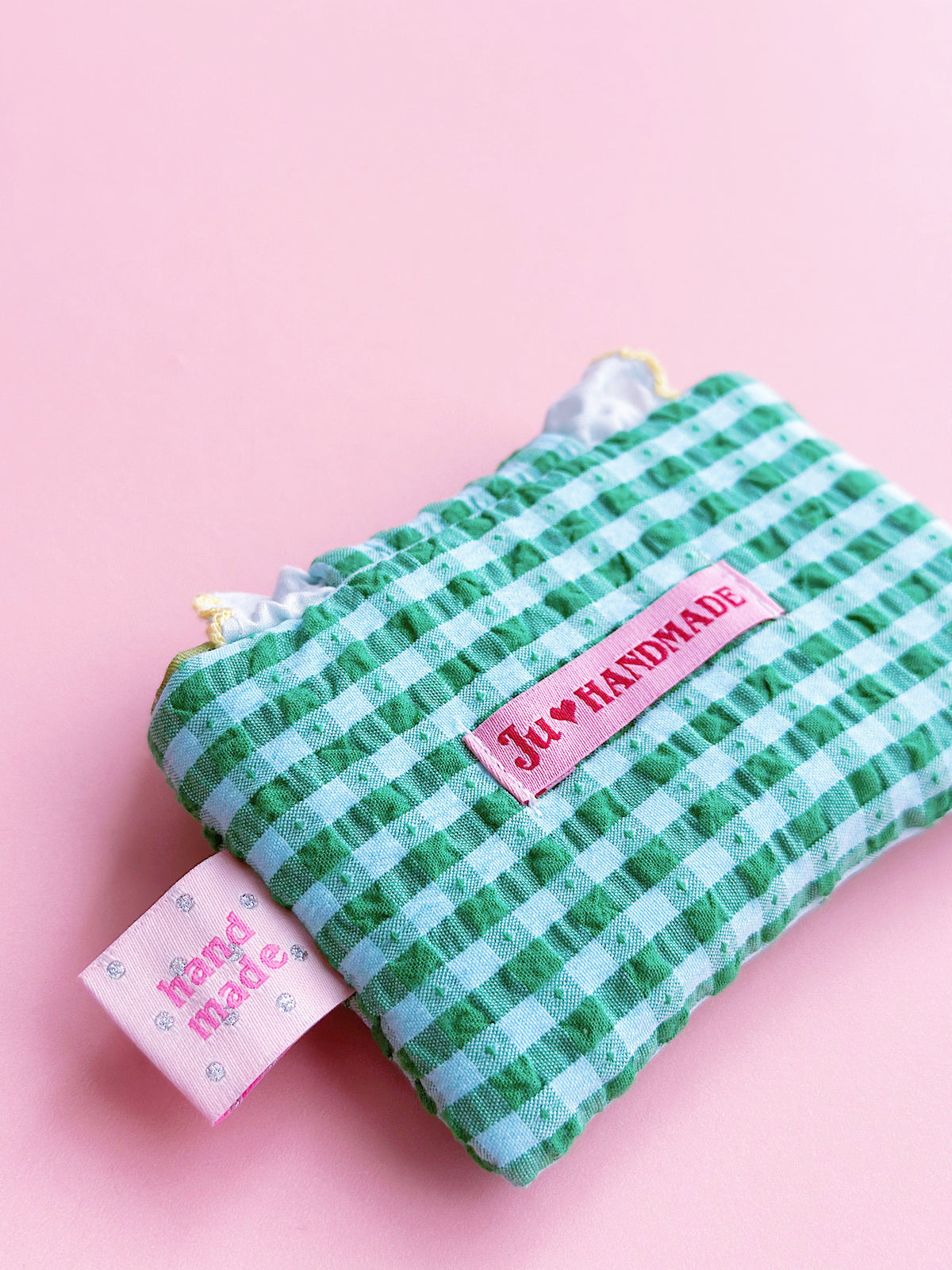 Green Gingham Ruffles Card Holder | Handmade Padded Snap Wallet