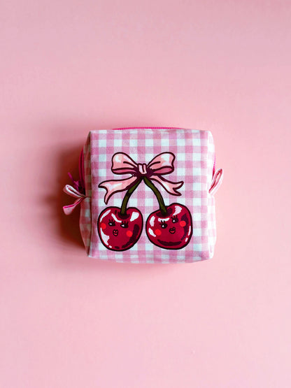 Cherry Dreams Quilted Zipper Pouch – Pink Gingham Edition