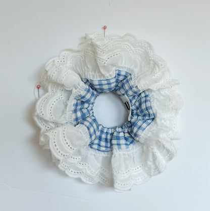 Oversized Blue Gingham Ruffles Scrunchies