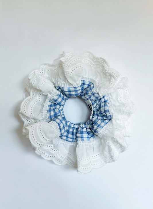 Oversized Blue Gingham Ruffles Scrunchies