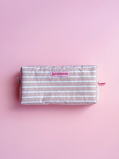 very handy and roomy pastel brown striped zip pouch for make up and camera 