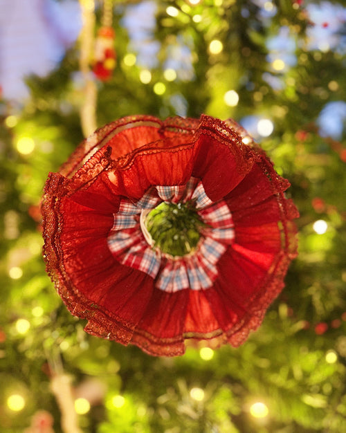 Crimson Charm Lace Scrunchie – Christmas Ruffle Hair Accessory
