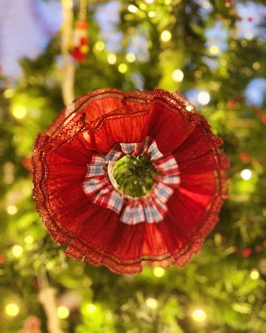 Crimson Charm Lace Scrunchie – Christmas Ruffle Hair Accessory