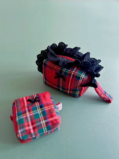 Red Tartan Mini Pouch – Padded Cube Zipper Bag