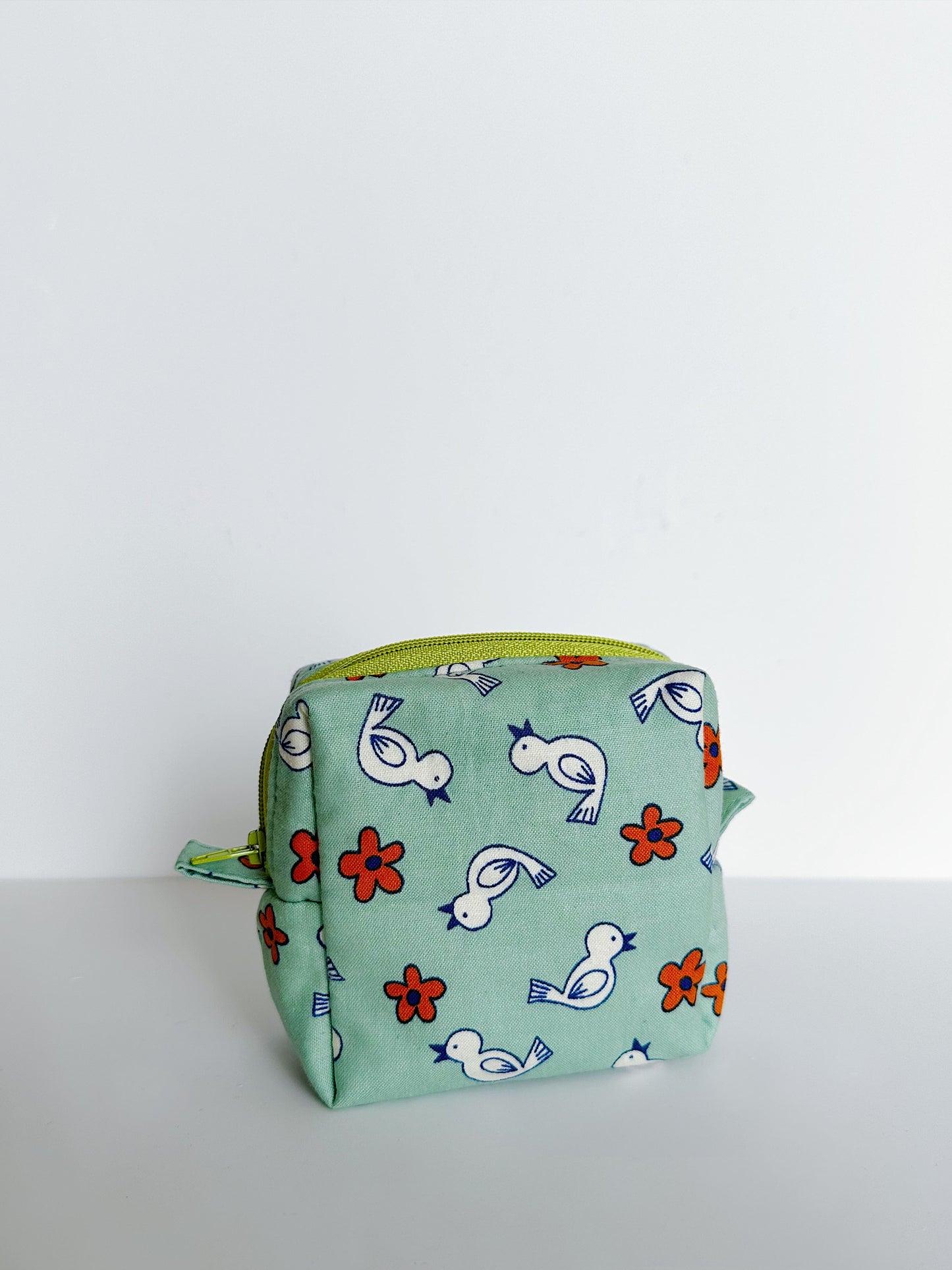 Cute Bird & Flower Print Square Zipper Pouch | Handmade Cube Bag
