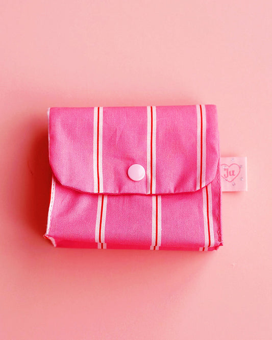 handmade pink and white striped snap pouch with contrasting snap button