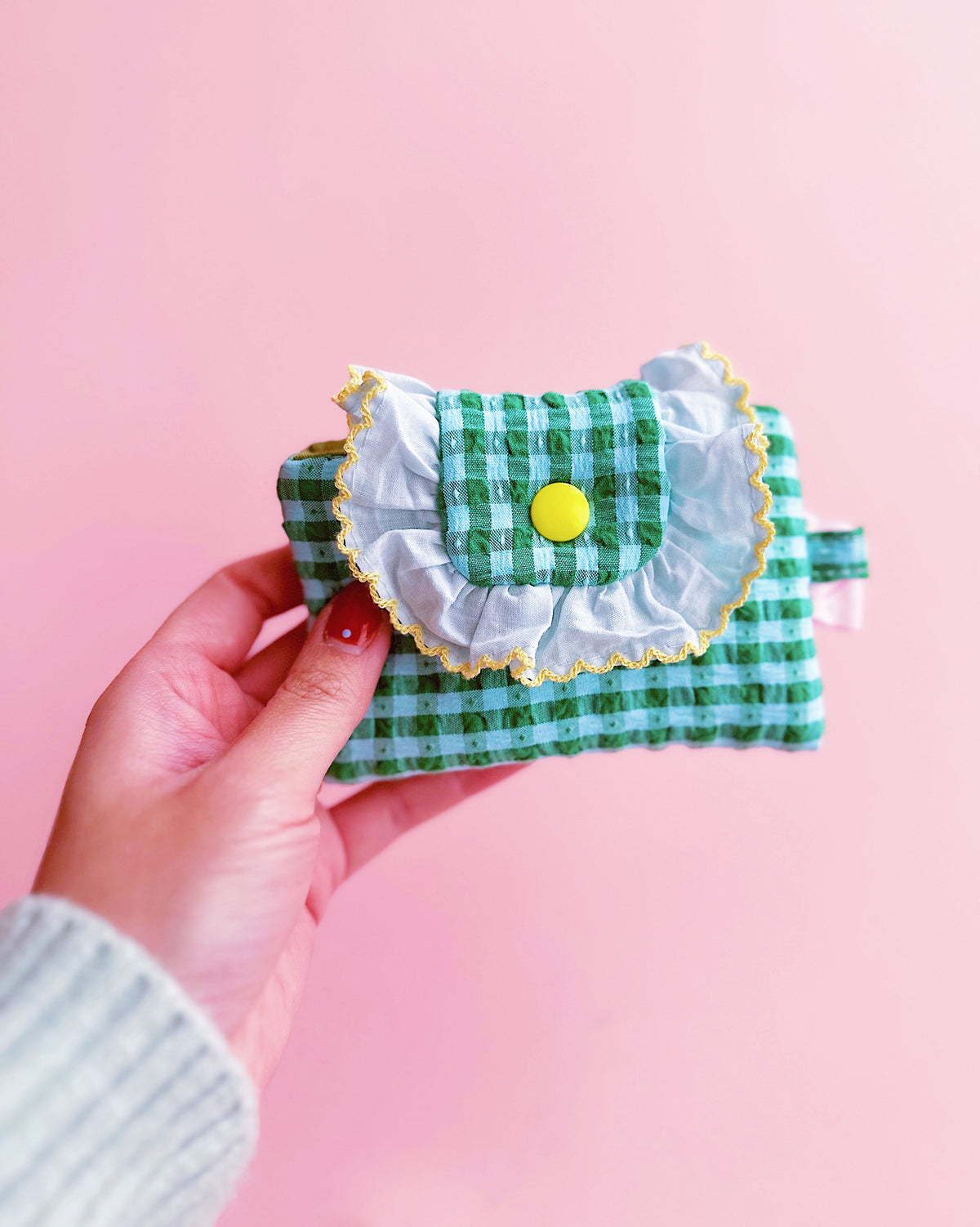 Green Gingham Ruffles Card Holder | Handmade Padded Snap Wallet
