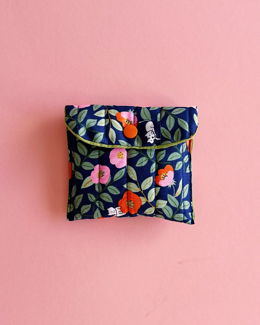 Navy Floral Cat Print Snap Pouch | Soft Quilted Mini Wallet