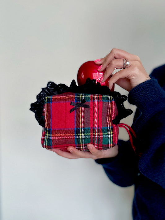 Red Tartan Mini Pouch – Padded Cube Zipper Bag