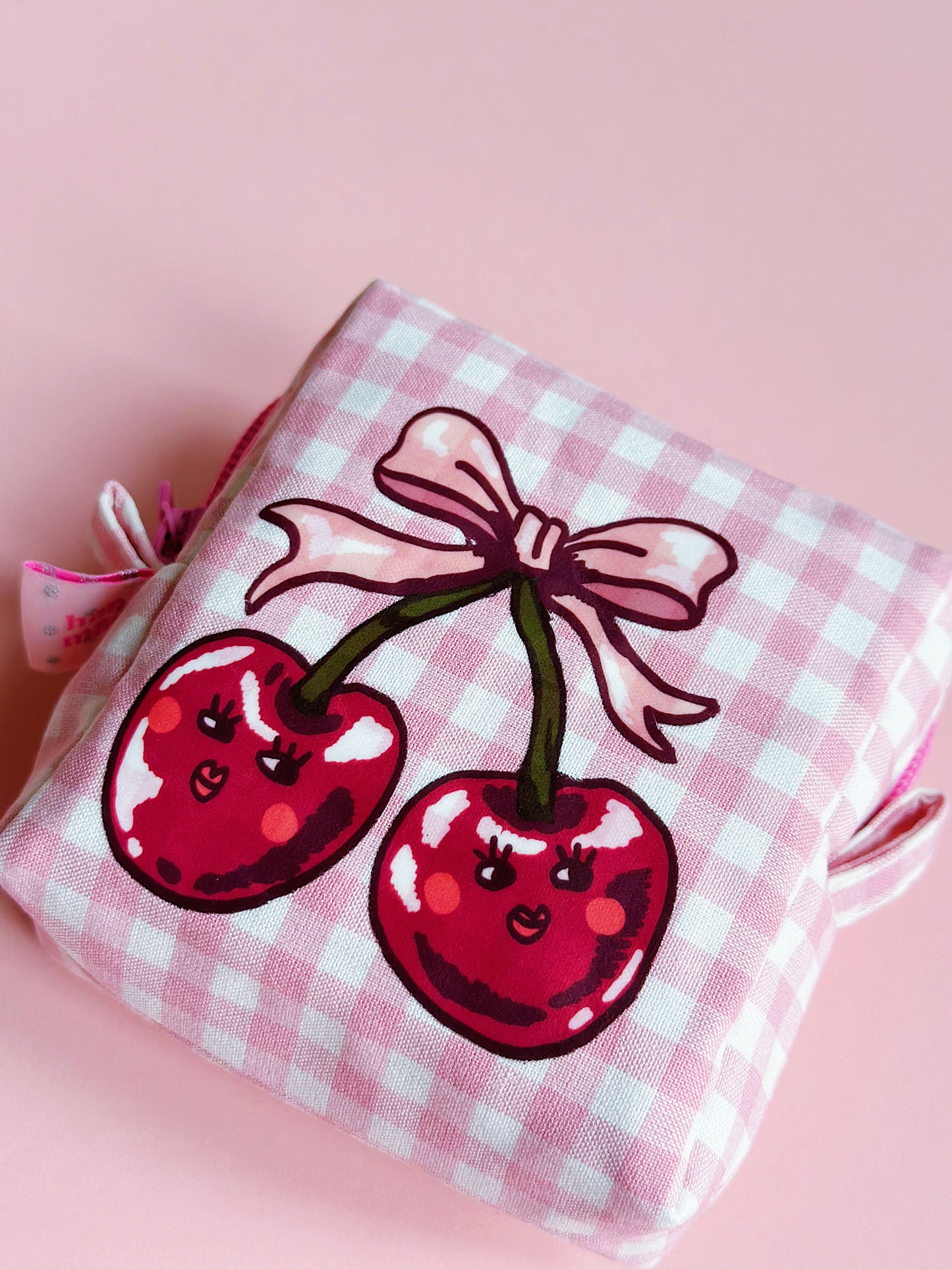 Cherry Dreams Quilted Zipper Pouch – Pink Gingham Edition