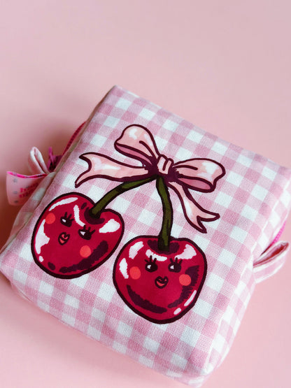 Cherry Dreams Quilted Zipper Pouch – Pink Gingham Edition