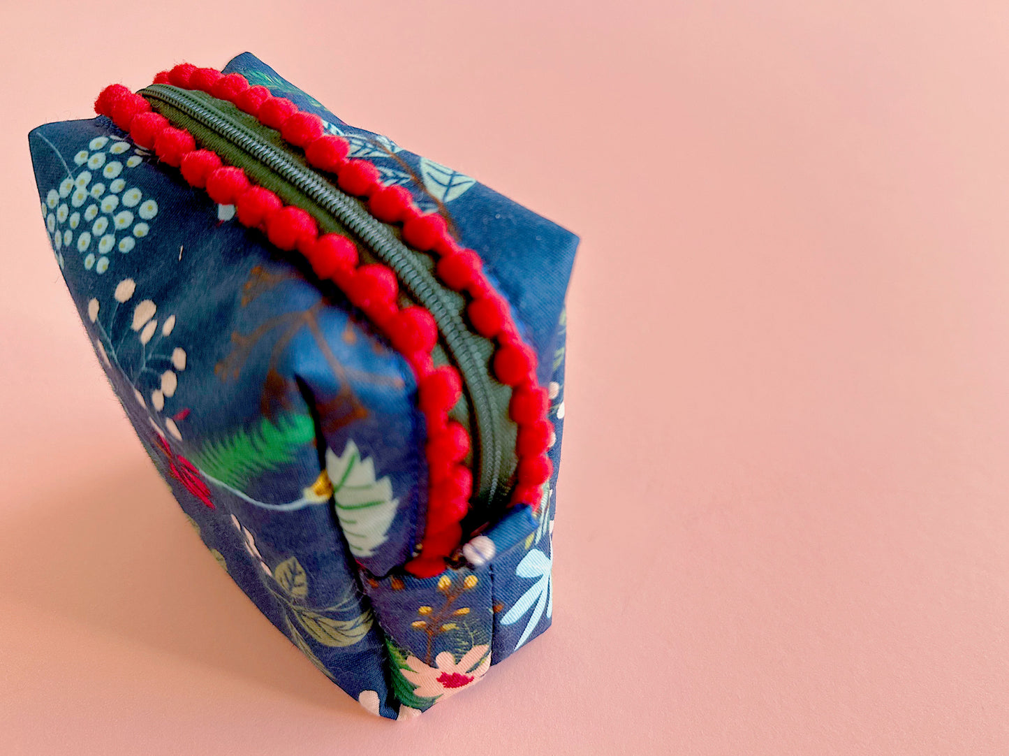 Navy Christmas Floral Pom Pom Zipper Pouch