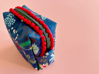 Navy Christmas Floral Pom Pom Zipper Pouch